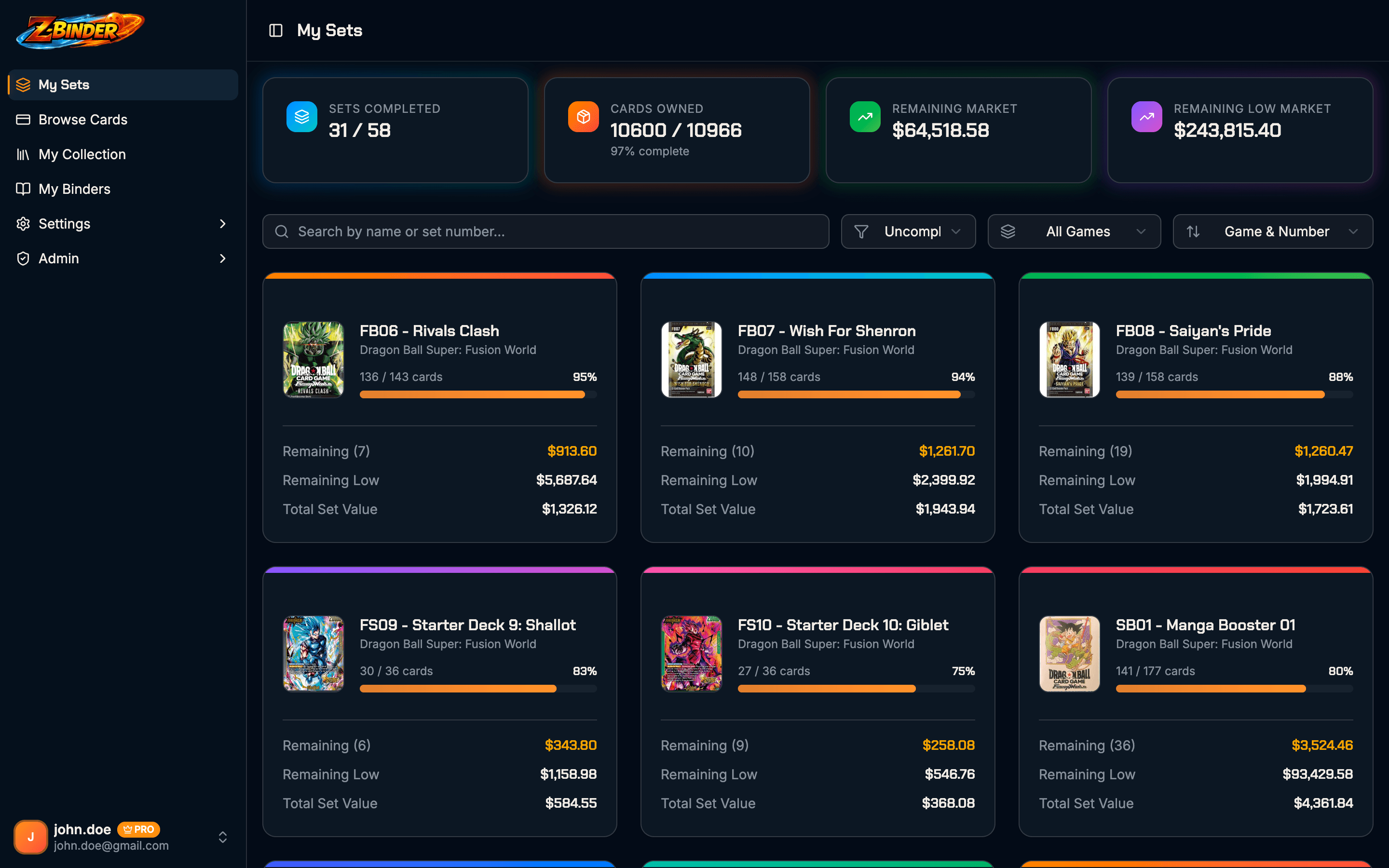 Z-Binder dashboard showing tracked sets with completion progress and market values