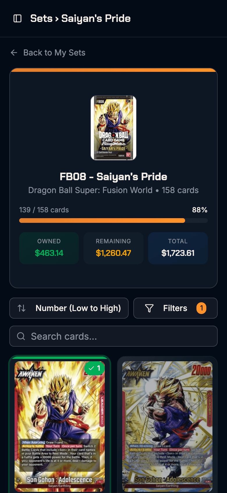 Z-Binder mobile set detail view with card grid