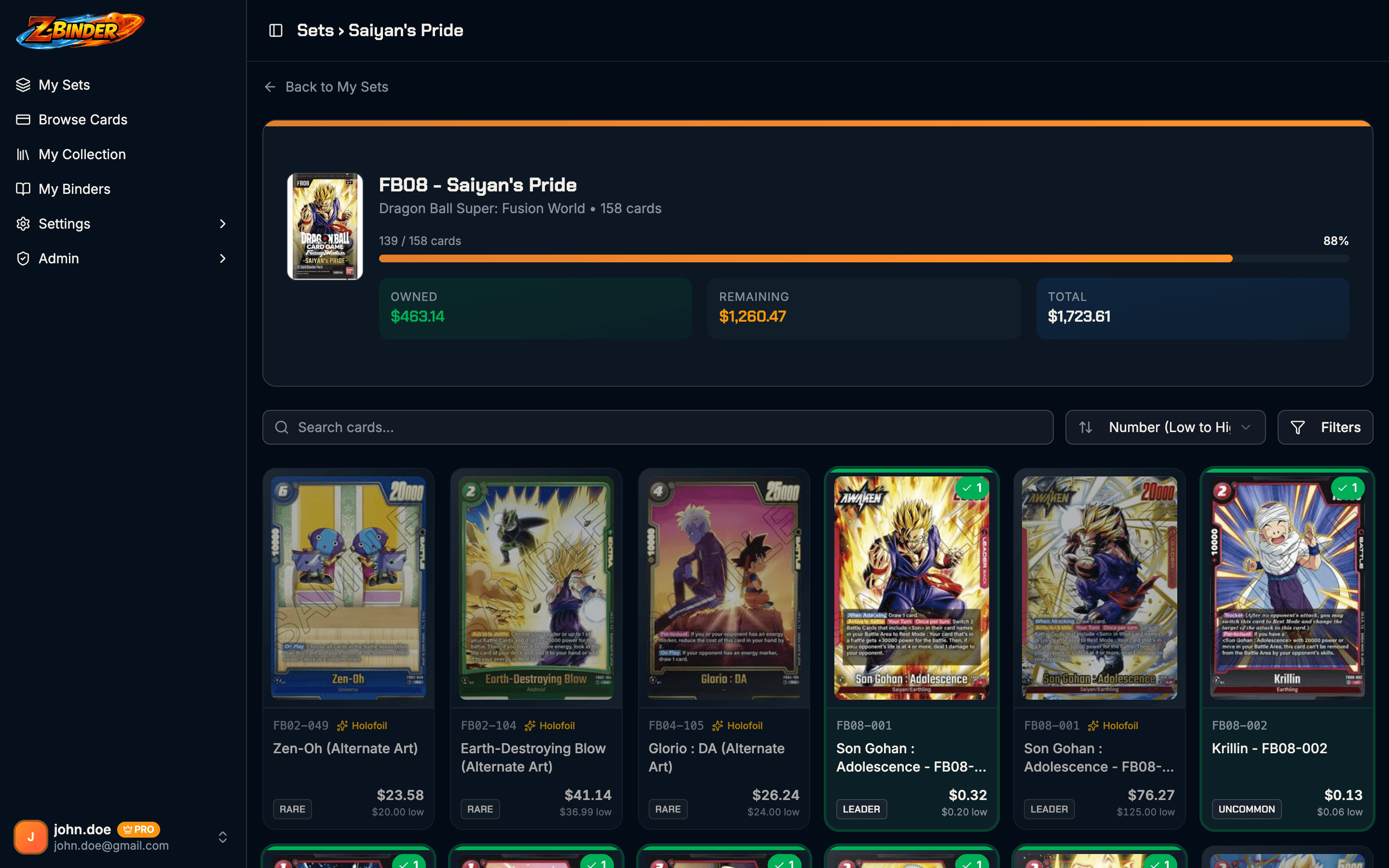Z-Binder set detail view showing card grid with prices and completion tracking